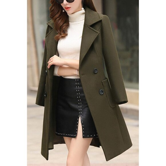 Women's Army Green Elegant Notched Collar Double Breasted Wool Blend Over Coat - Picture 5 of 5